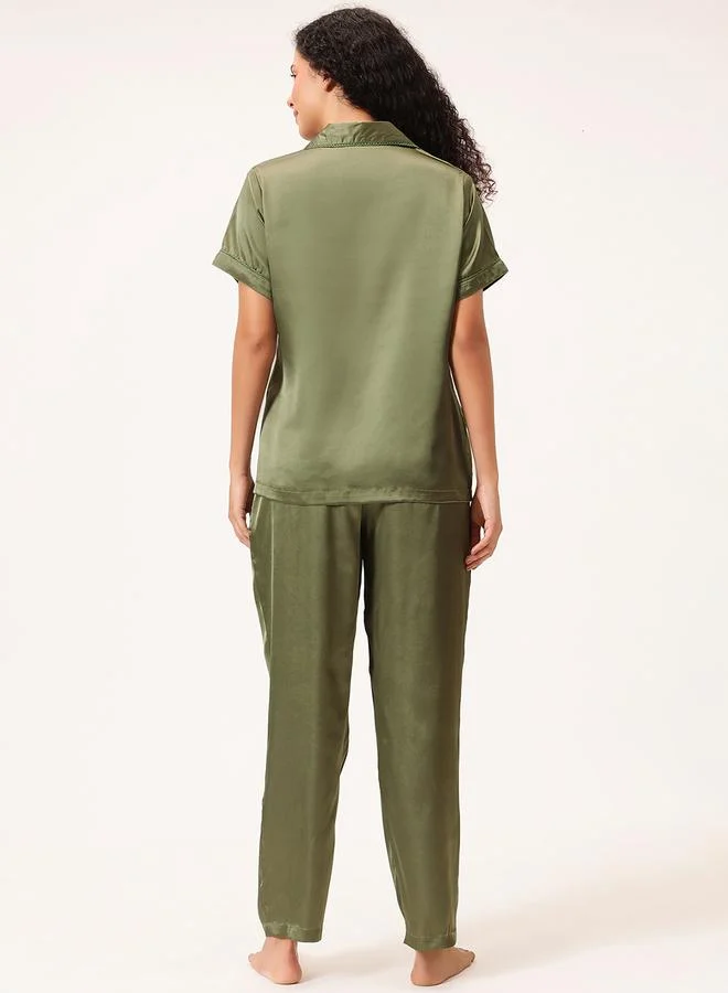 Clovia  Satin Button Down Shirt and Pyjama Set for Women | Best Price UAE